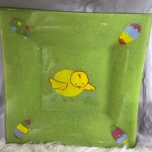 Plate Unbranded ~ Fused Art Glass Easter Chick & Eggs ~ 11.5” Square EUC